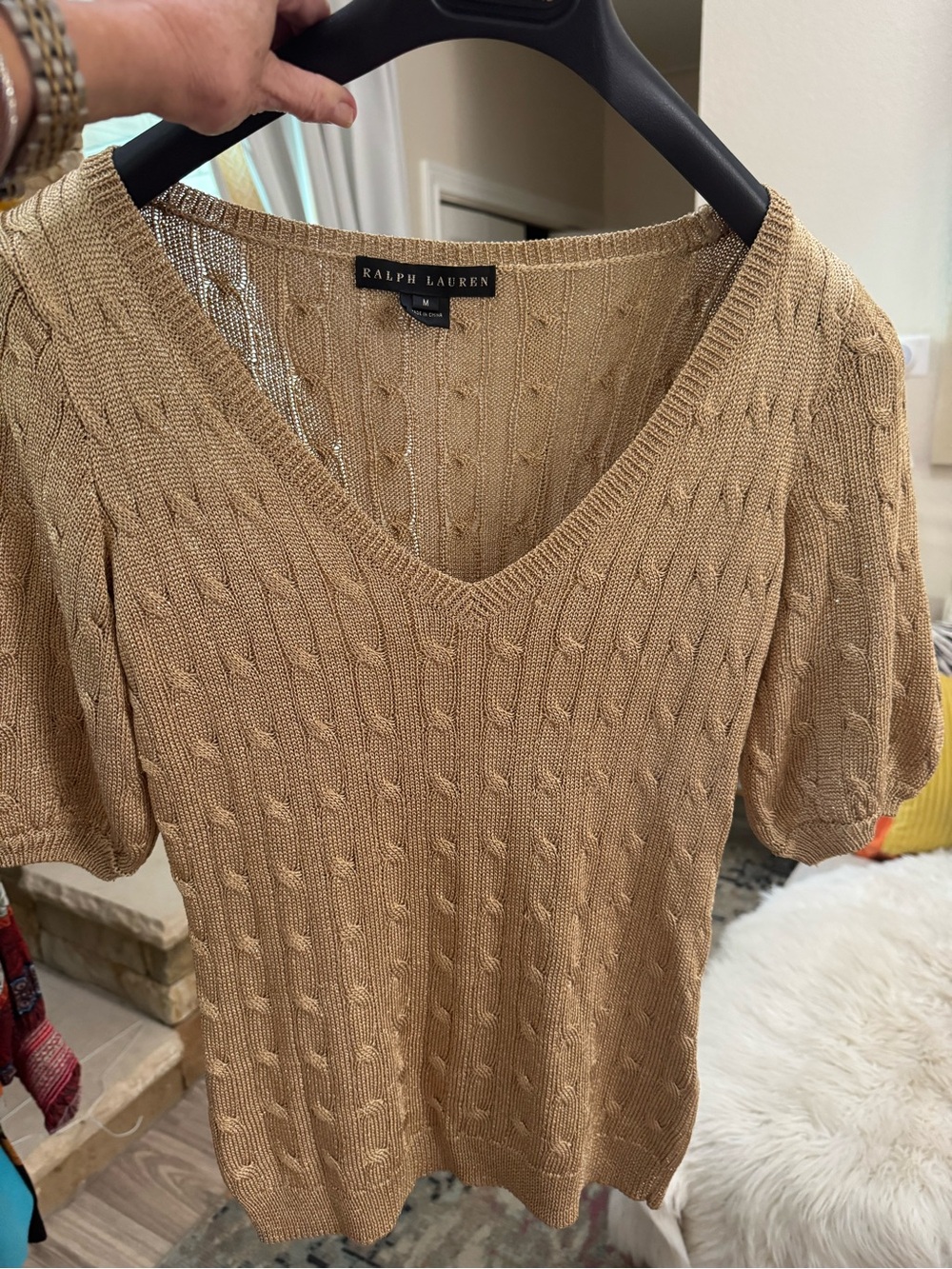 Ralph Lauren gold metallic Women's Cable Knit V-Neck Sweater